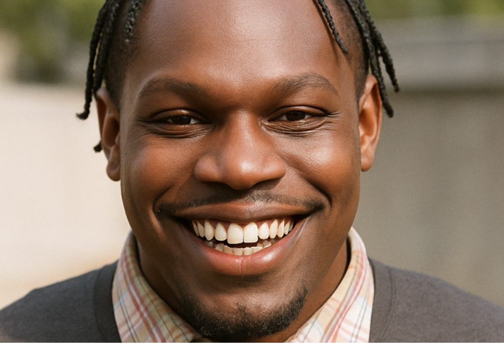 Close-up portrait of a smiling man with short dreadlocks wearing a plaid shirt and dark sweater.