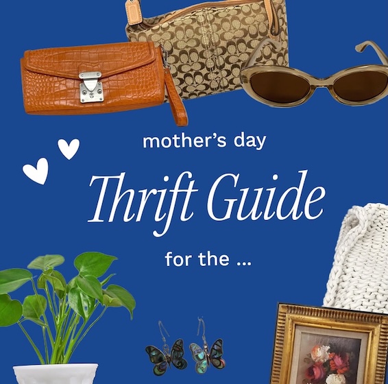 Blue background thrift guide for Mother's Day featuring handbags, sunglasses, a plant, butterfly charms, a framed painting, and a knit bag.