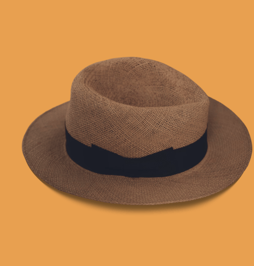 Straw fedora hat with black band on orange backdrop.
